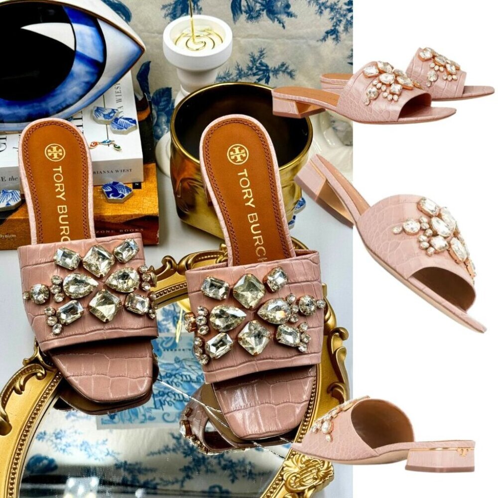 🆕 TORY BURCH 🧿 NWOT Martine 25mm Slides, Pink Croc Embossed Crystal, Sz 6.5